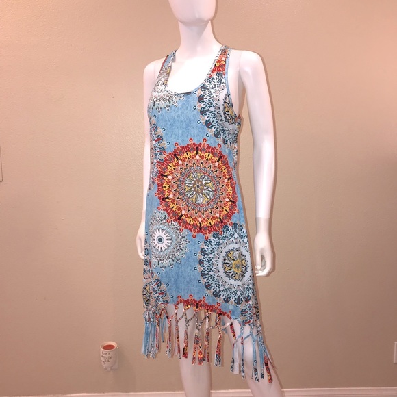 Summer Sleeveless Dress Size M Beach Dress Boho Print Tie Fringe Hemline - Picture 3 of 14